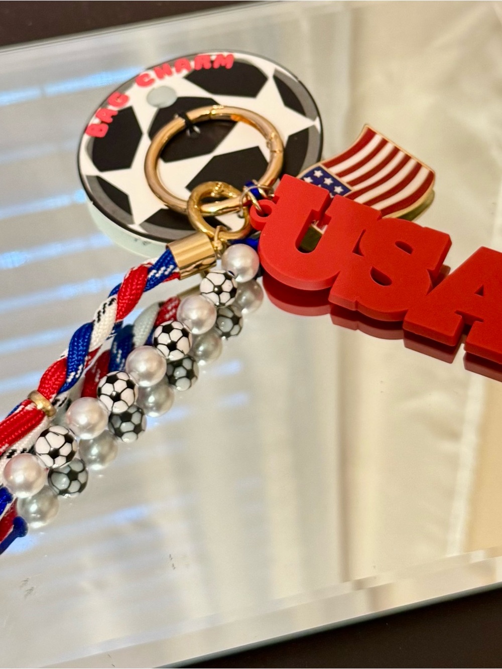 New USA Soccer Charm Keychain with Pearl & Braided Accents